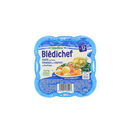 Blédichef Repas Bébé 12 Mois - Épinards Saumon - 9 Assiettes 230g - Petits Morceaux - Blédina