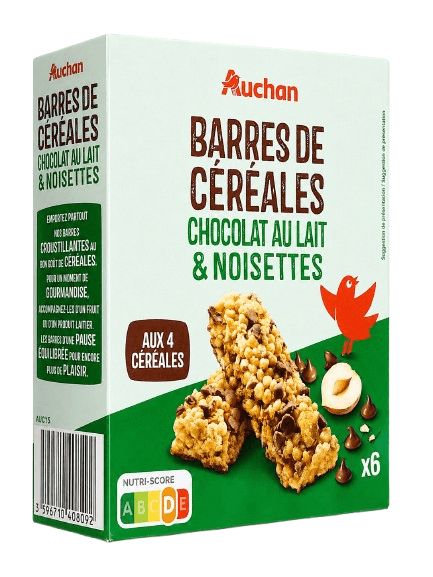 AUCHAN BARRES DE CEREALES CHOC OLAT LAIT NOISETTES X6 126G	