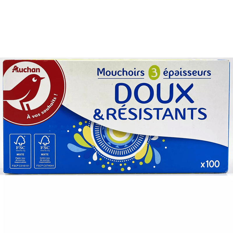 AUCHAN Mouchoirs doux et résistants 3 épaisseurs boite 100 mouchoirs