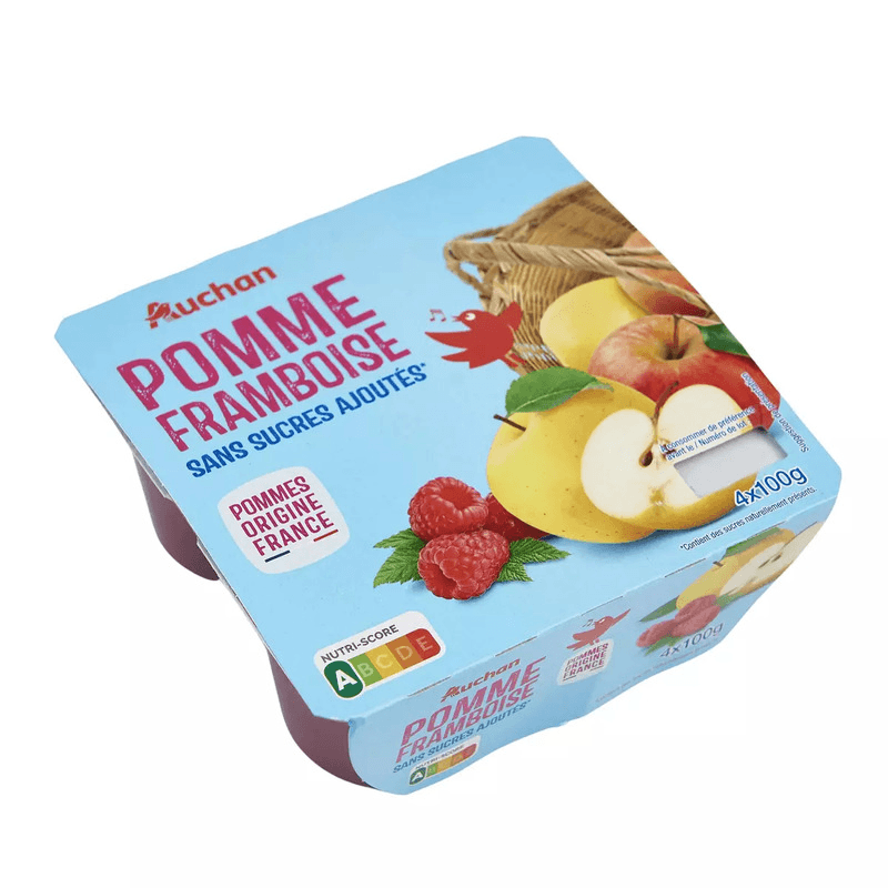AUCHAN Coupelles pomme framboise sans sucres ajoutés 4x100gµ