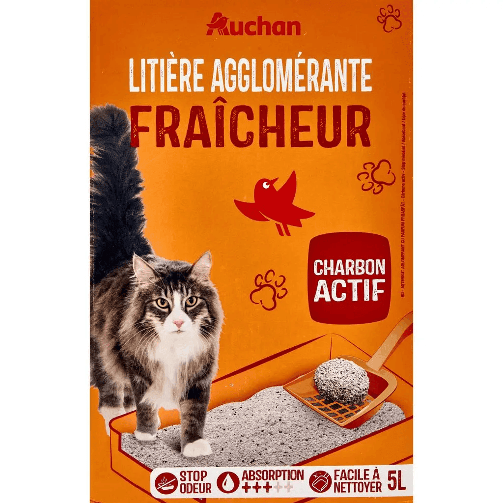 AUCHAN LITIERE MINERALE AGGLOMERANTE CHARBON ACTIF BOITE 5L