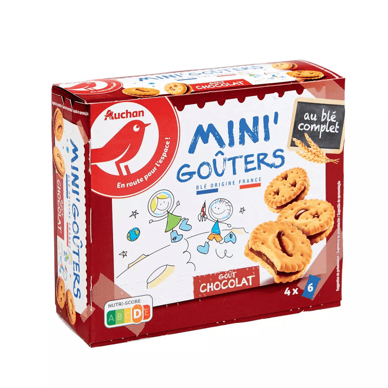AUCHAN Mini goûters biscuits fourrés au chocolat sachets fraîcheur 4x6 biscuits