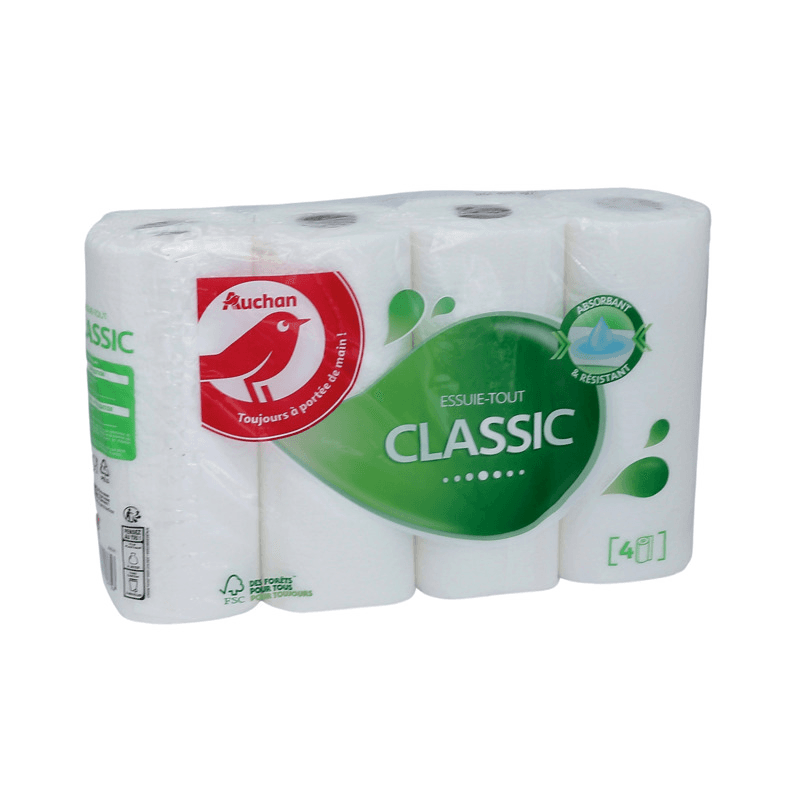 AUCHAN Papier essuie-tout classique blanc 4 rouleaux