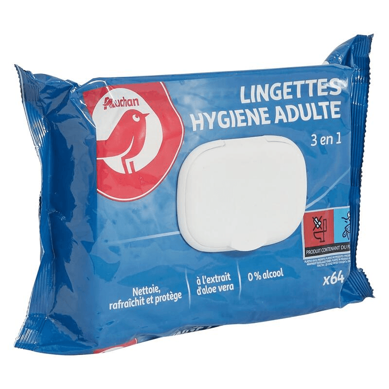 AUCHAN Lingettes hypoallergénique hygiène adulte 3en1 64 lingettes