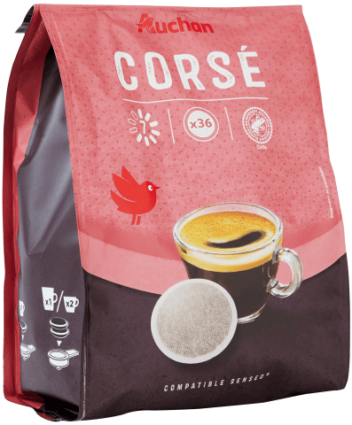 AUCHAN Café corsé en dosette compatible Senseo 36 dosettes 250g