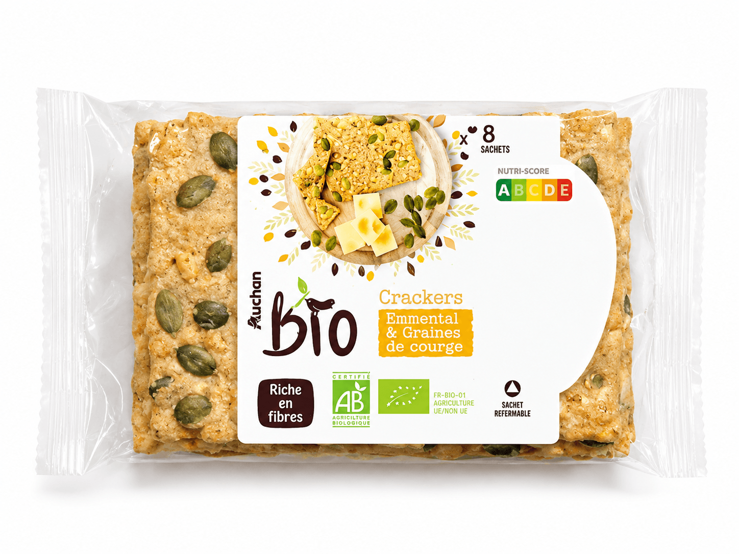 AUCHAN BIO CRACKERS EMMENTAL E T GRAINES DE COURGE 200G\t