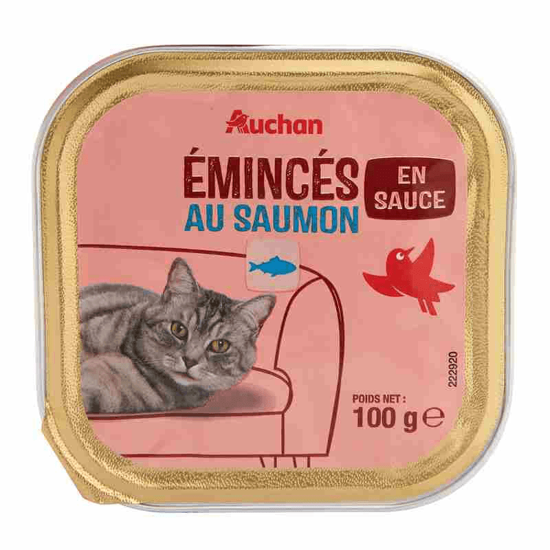 AUCHAN EMINCES AU SAUMON EN SAUCE POUR CHAT BARQUETTE 100G