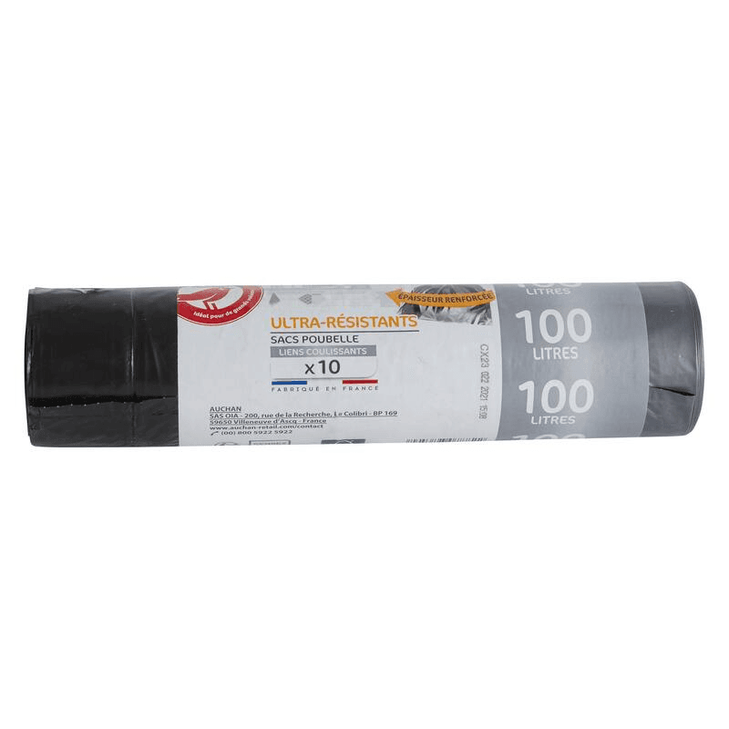 AUCHAN Sacs poubelle ultra resistant liens coulissants 10 sacs 100l