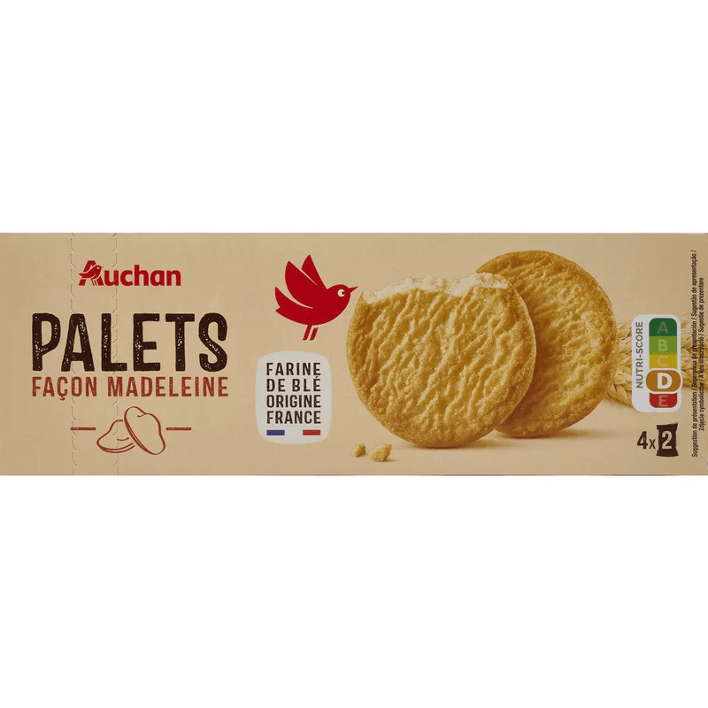 AUCHAN Palets biscuits recette à la madeleine sachets fraîcheur 8 biscuits 125g