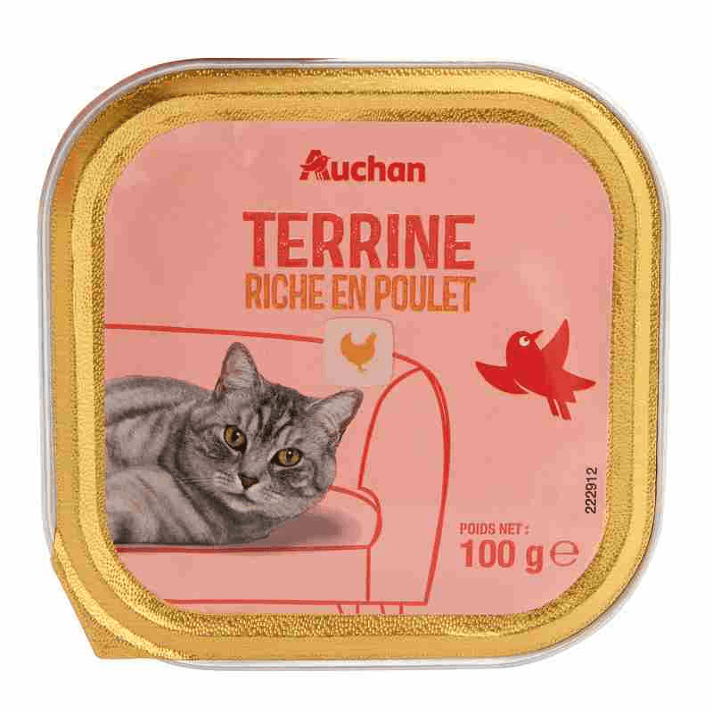 AUCHAN TERRINE RICHE EN POULET POUR CHAT BARQUETTE 100G