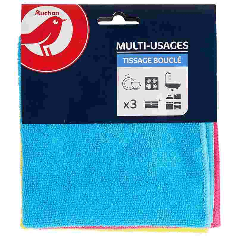 AUCHAN Chiffons microfibre à tissage bouclé multi-usage 30x30cm 3 chiffons