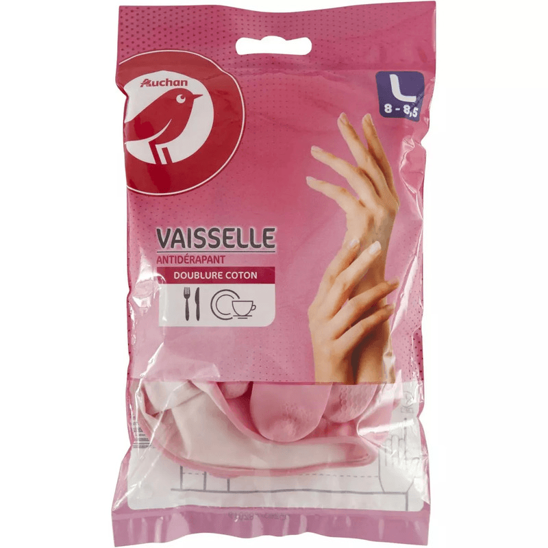 Auchan gants vaisselle antidérapants réutilisables doublure coton taille L