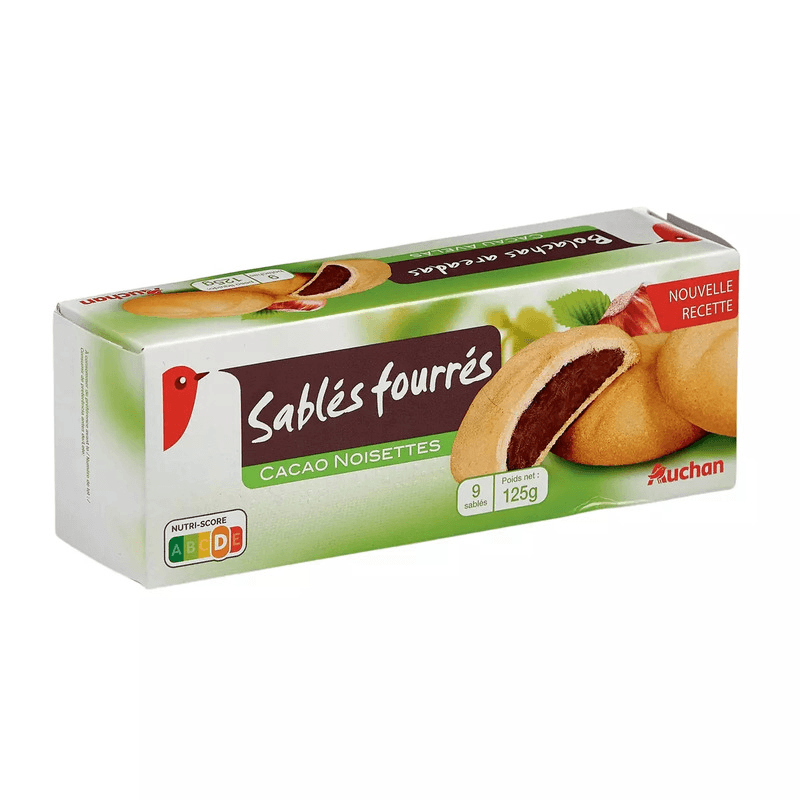 AUCHAN Sablé fourrés cacao noisettes 9 pièces 125g