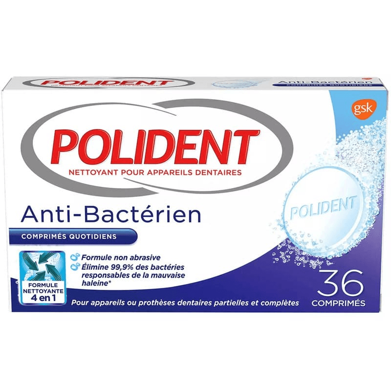Polident nettoyant pour appareils dentaires anti-bactérien 36 comprimés