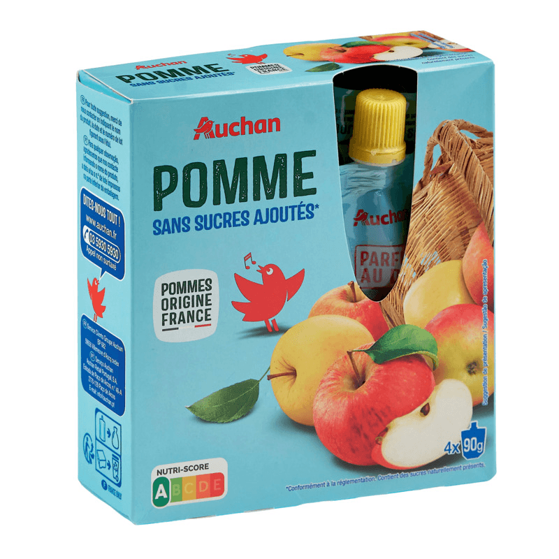 AUCHAN Gourdes pomme nature sans sucres ajoutés sans conservateur 4x90g